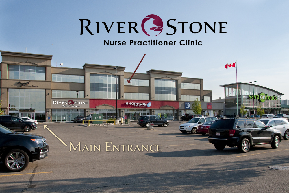 Exterior view of RiverStone Nurse Practitioner Clinic located in a multi-business complex with designated main entrance and parking area.
